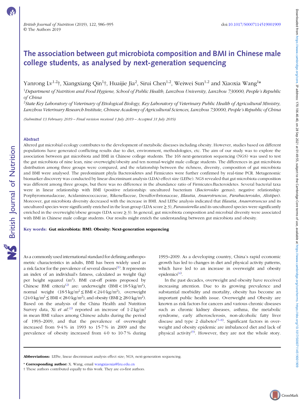 The Association Between Gut Microbiota Composition and BMI in Chinese Male College Students, As Analysed by Next-Generation Sequencing