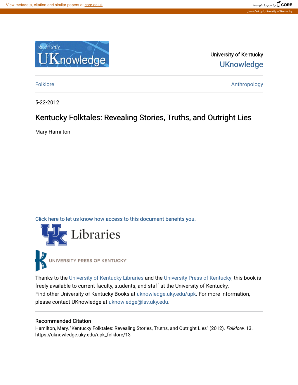 Kentucky Folktales: Revealing Stories, Truths, and Outright Lies