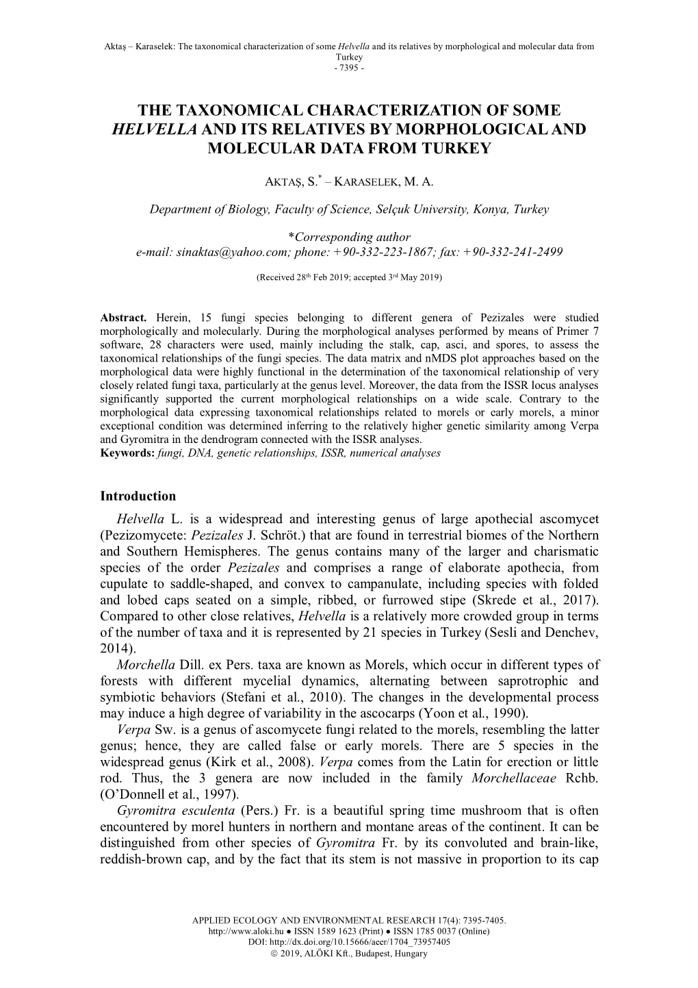 The Taxonomical Characterization of Some Helvella and Its Relatives by Morphological and Molecular Data from Turkey - 7395