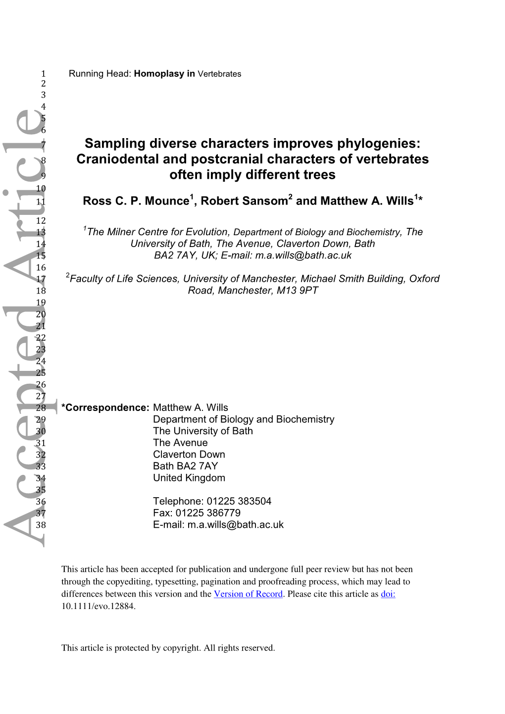 Sampling Diverse Characters Improves Phylogenies: 8 Craniodental and Postcranial Characters of Vertebrates 9 Often Imply Different Trees 10 1 2 1 11 Ross C