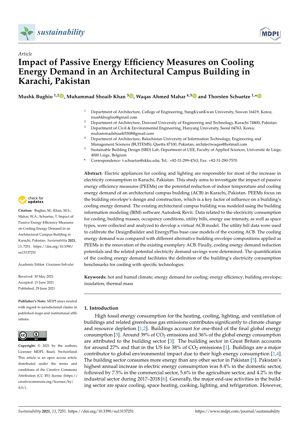 Impact of Passive Energy Efficiency Measures on Cooling Energy Demand in an Architectural Campus Building in Karachi, Pakistan