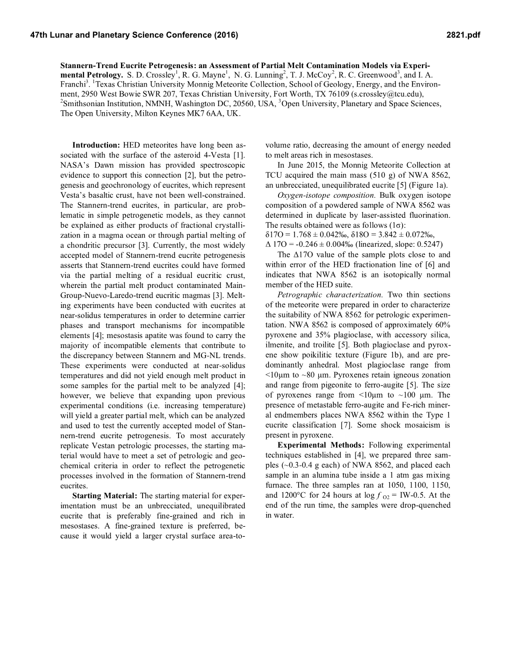 Stannern-Trend Eucrite Petrogenesis: an Assessment of Partial Melt Contamination Models Via Experi- Mental Petrology