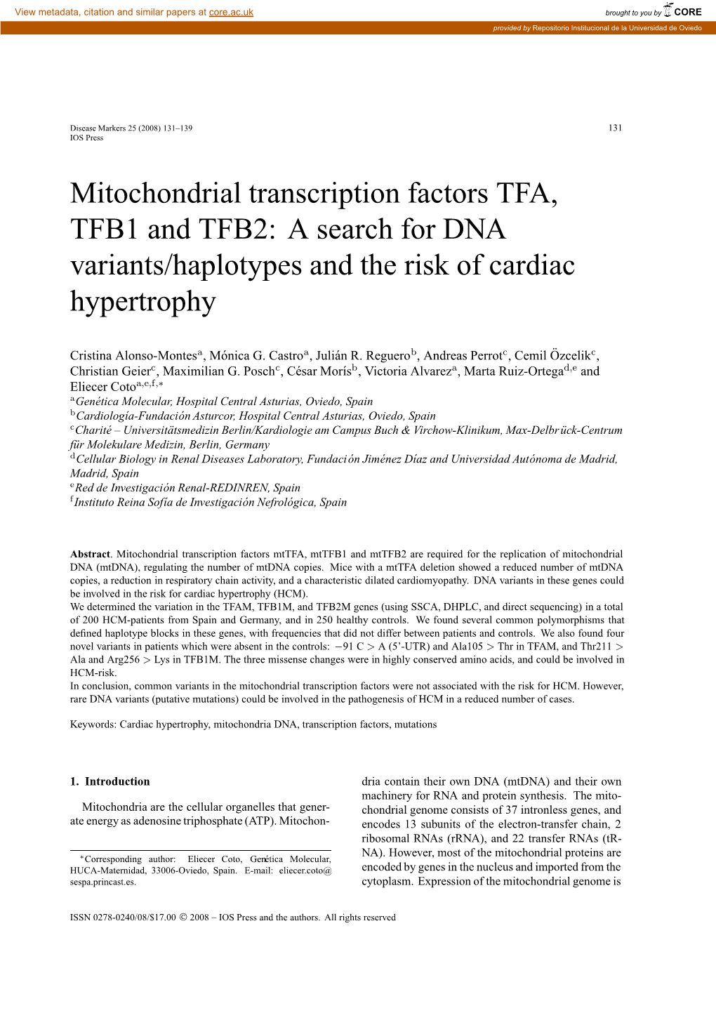 Mitochondrial Transcription Factors TFA, TFB1 and TFB2: a Search for DNA Variants/Haplotypes and the Risk of Cardiac Hypertrophy