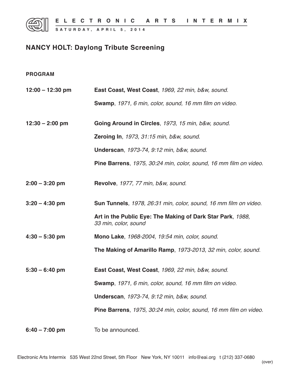 NANCY HOLT: Daylong Tribute Screening