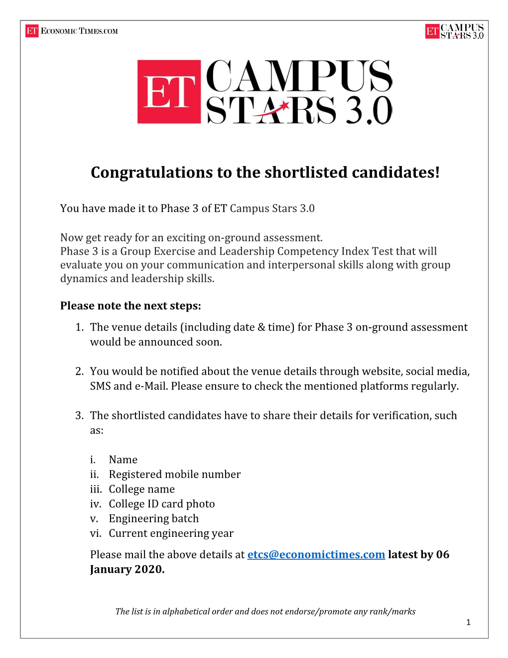 Congratulations to the Shortlisted Candidates!