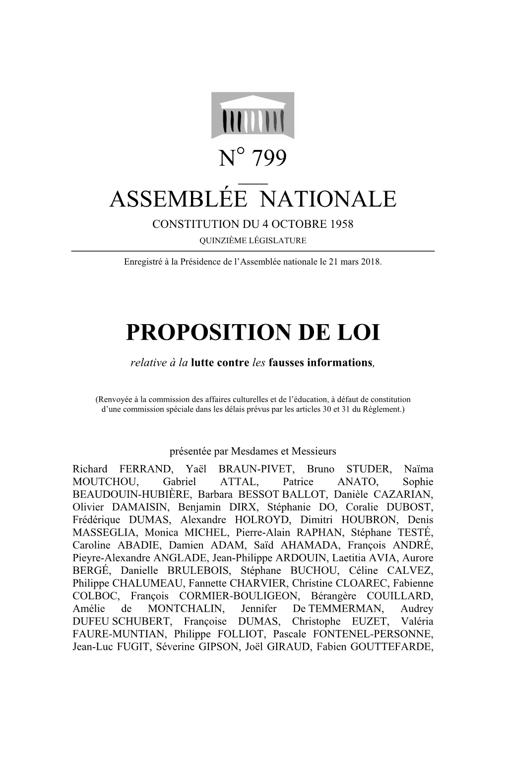 N° 799 Assemblée Nationale Proposition De