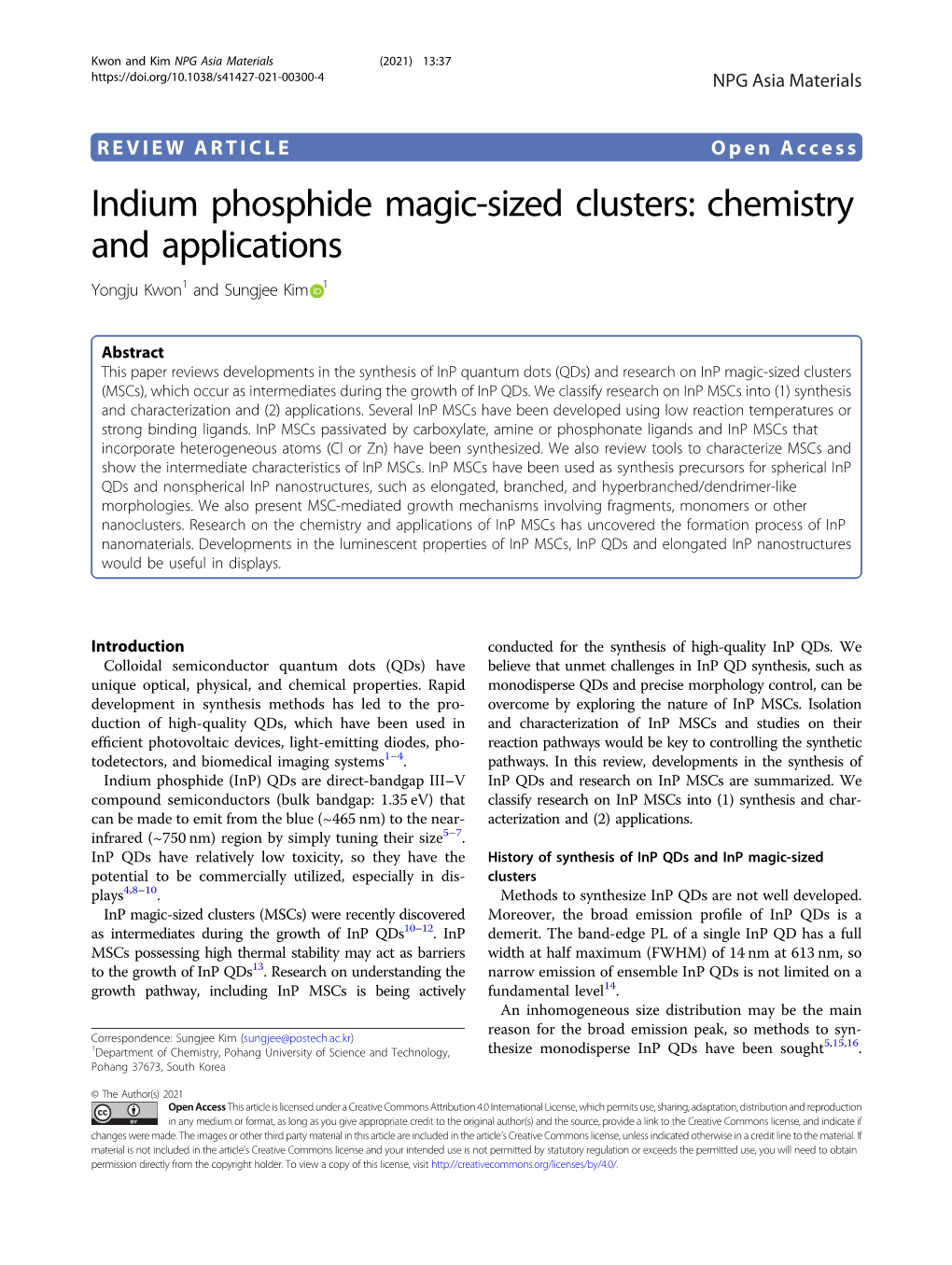 Chemistry and Applications Yongju Kwon1 and Sungjee Kim 1