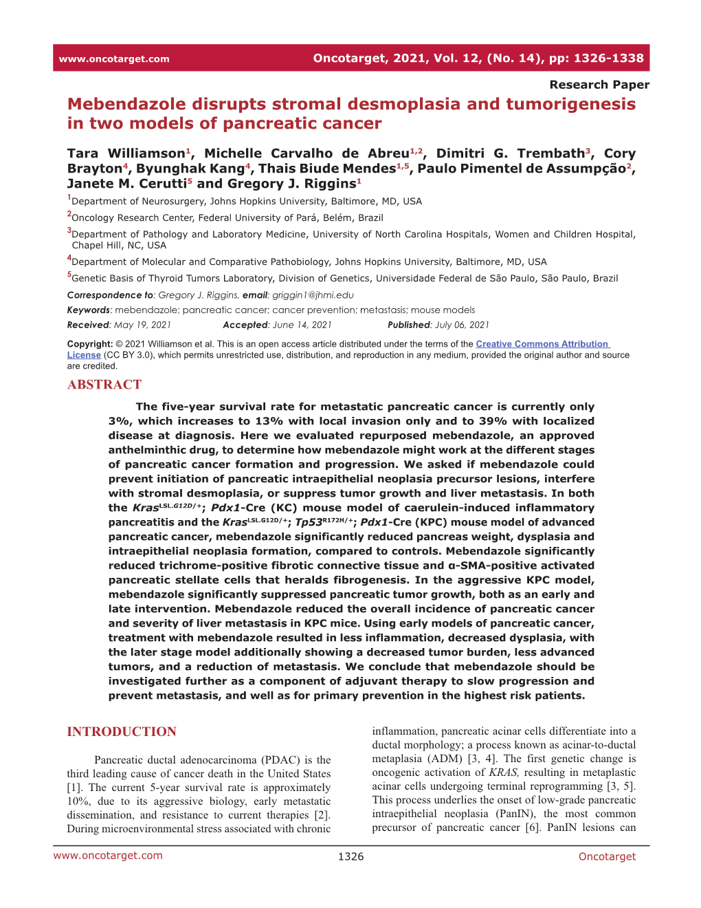 Mebendazole Disrupts Stromal Desmoplasia and Tumorigenesis in Two Models of Pancreatic Cancer