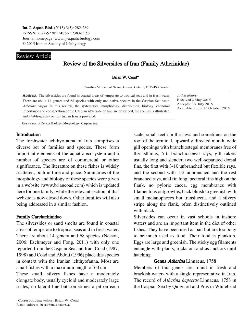 Review Article Review of the Silversides of Iran (Family Atherinidae)