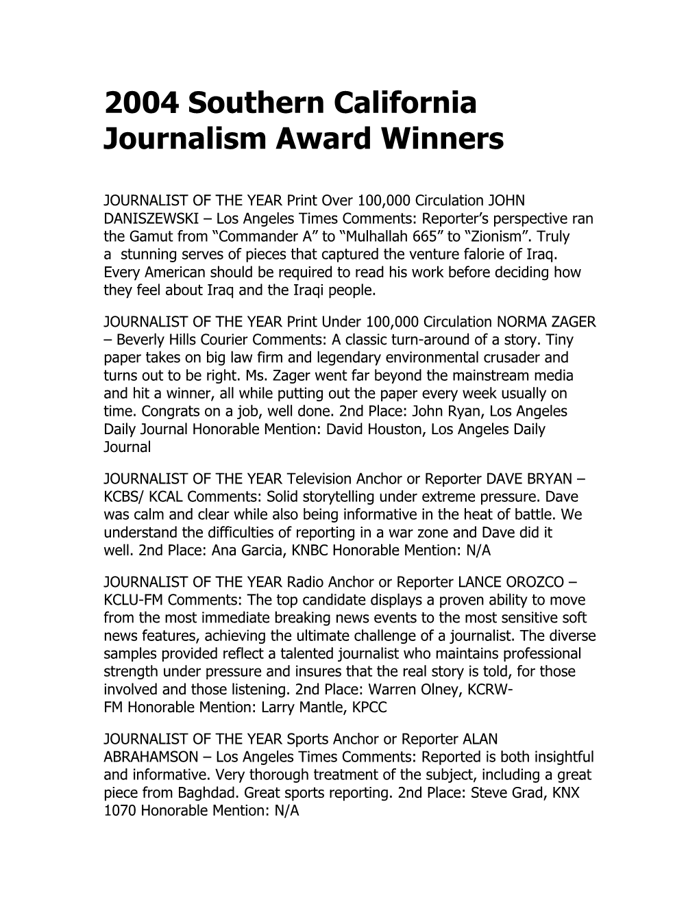 2004 Southern California Journalism Award Winners