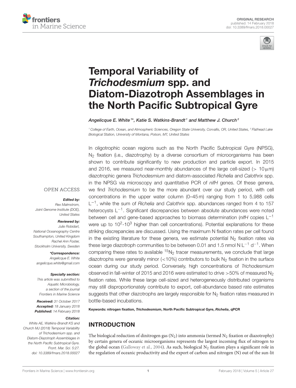 Temporal Variability of Trichodesmium Spp. and Diatom-Diazotroph Assemblages in the North Paciﬁc Subtropical Gyre