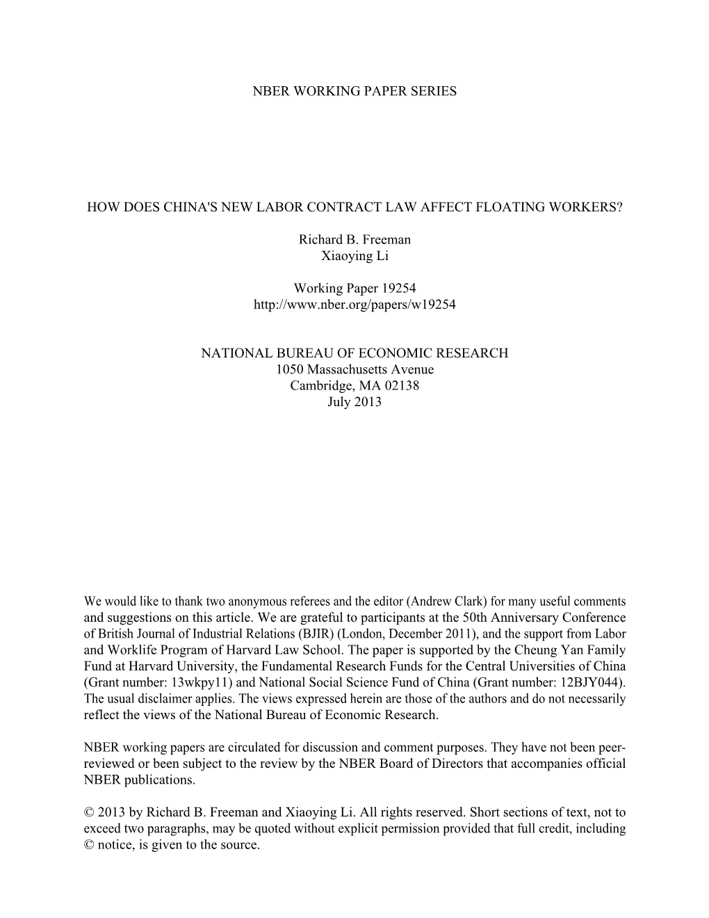 Nber Working Paper Series How Does China's New Labor