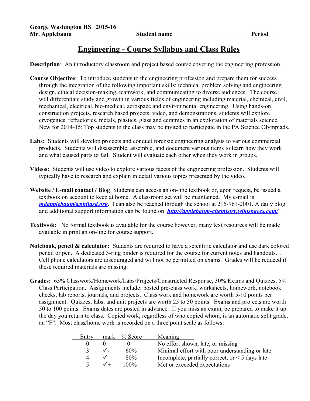 Chemistry 2004-2005, Syllabus and Classroom Rules