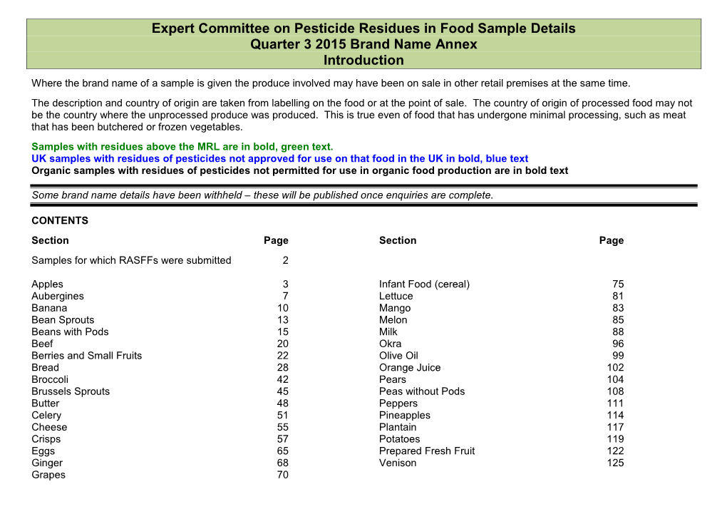 Expert Committee on Pesticide Residues in Food Sample Details Quarter 3 2015 Brand Name Annex Introduction