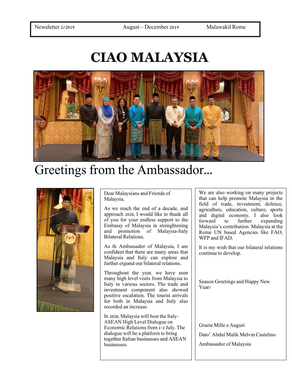 CIAO MALAYSIA Greetings from the Ambassador