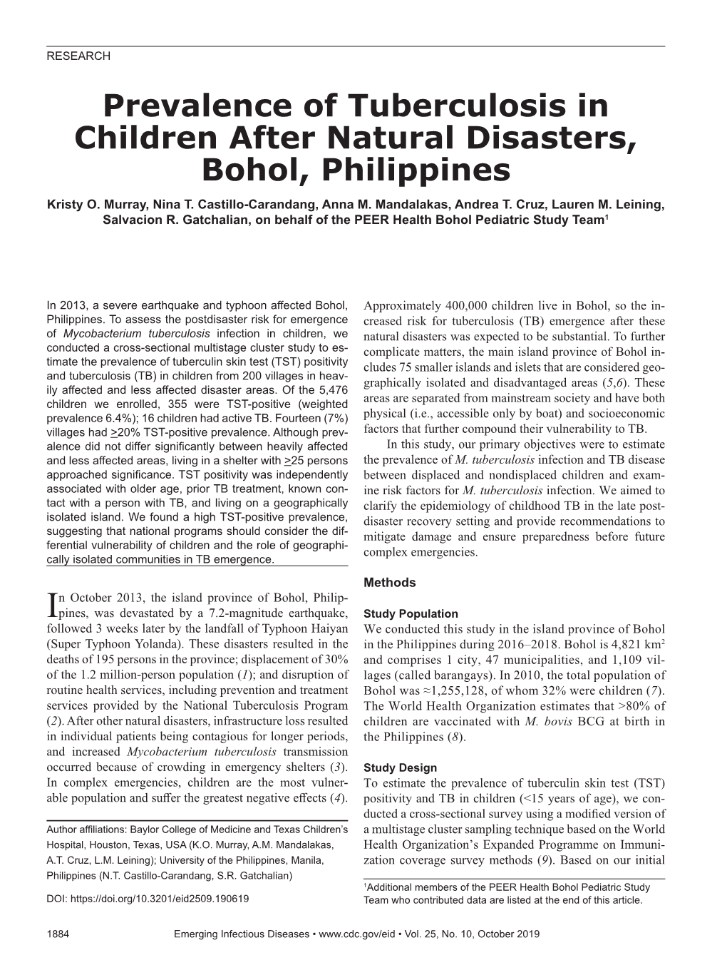 Prevalence of Tuberculosis in Children After Natural Disasters, Bohol, Philippines Kristy O