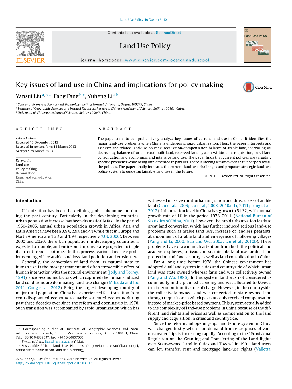 Key Issues of Land Use in China and Implications for Policy Making