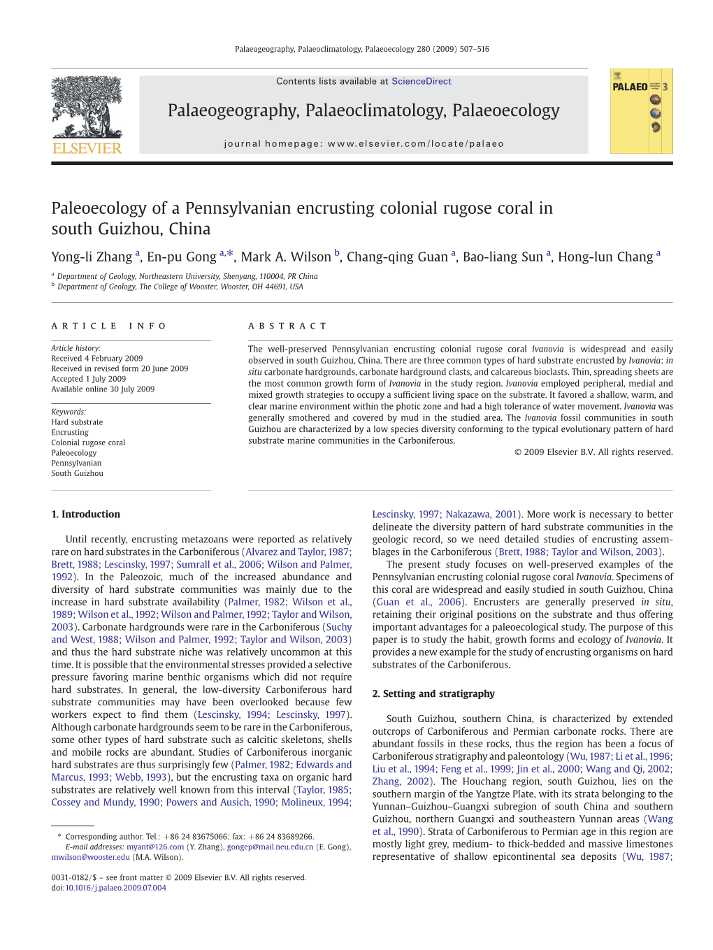 Paleoecology of a Pennsylvanian Encrusting Colonial Rugose Coral in South Guizhou, China