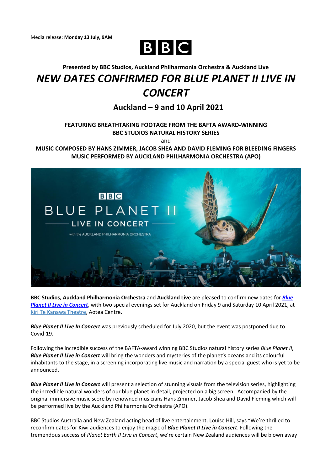 NEW DATES CONFIRMED for BLUE PLANET II LIVE in CONCERT Auckland – 9 and 10 April 2021