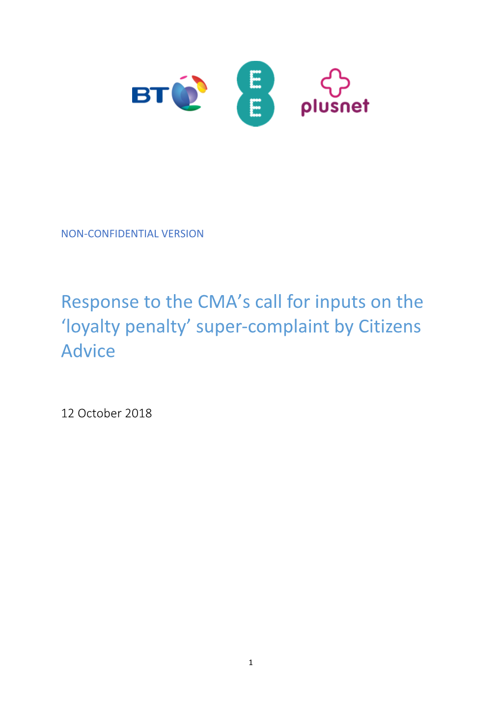 BT's Response to the CMA's Call for Inputs on the 'Loyalty Penalty' Super