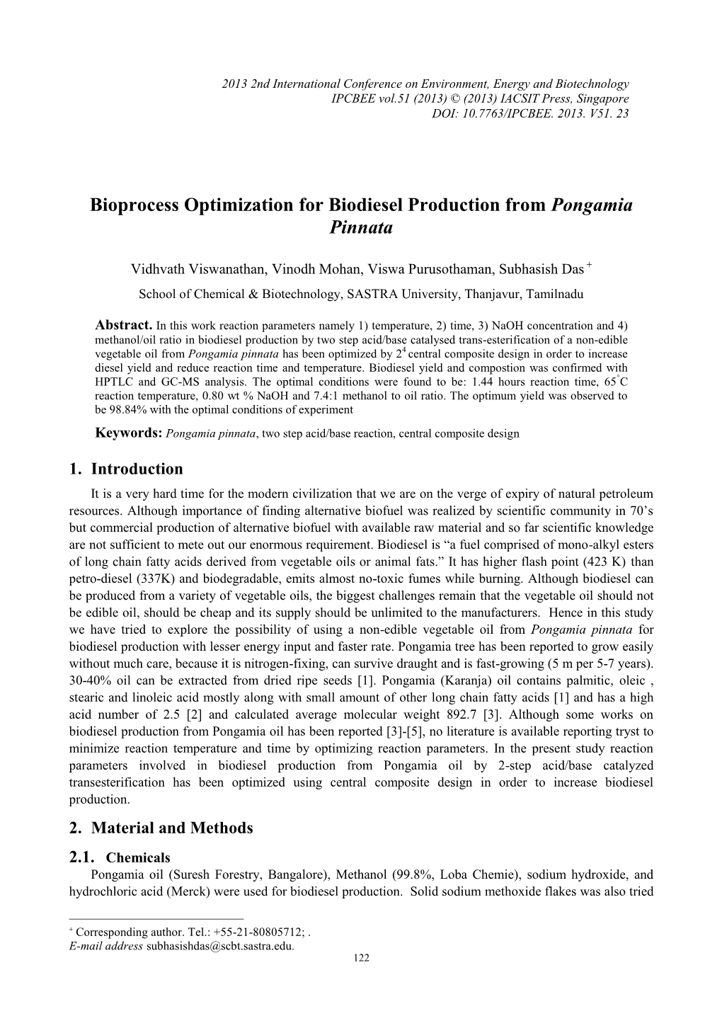 Bioprocess Optimization for Biodiesel Production from Pongamia Pinnata