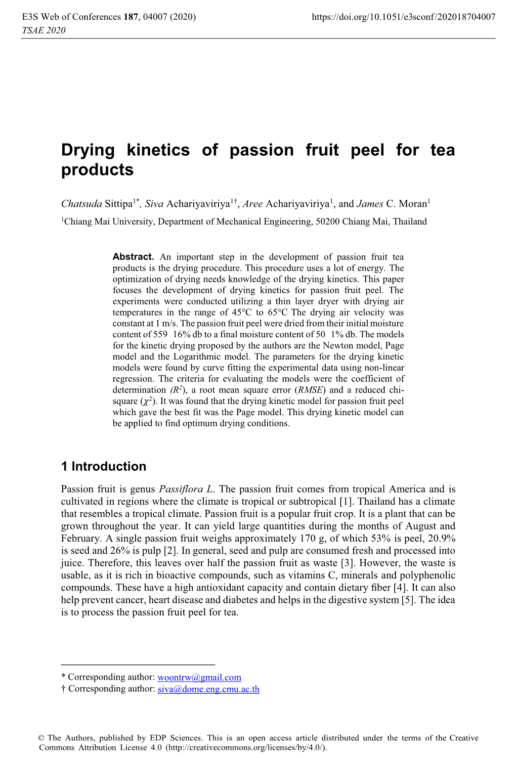 Drying Kinetics of Passion Fruit Peel for Tea Products
