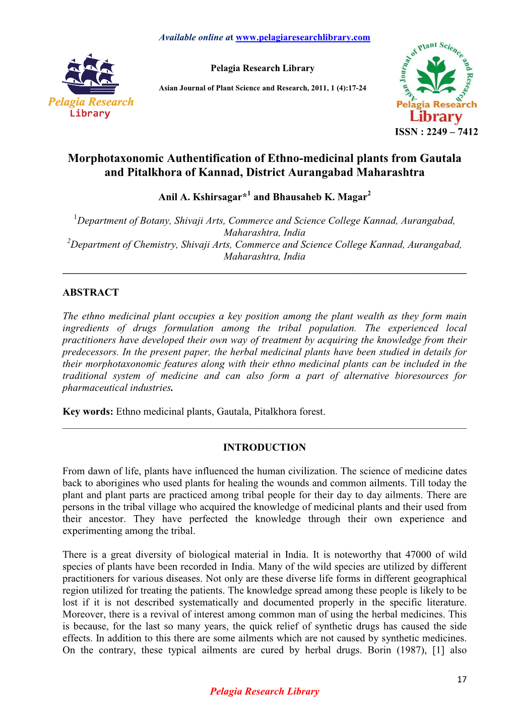 Morphotaxonomic Authentification of Ethno-Medicinal Plants from Gautala and Pitalkhora of Kannad, District Aurangabad Maharashtra