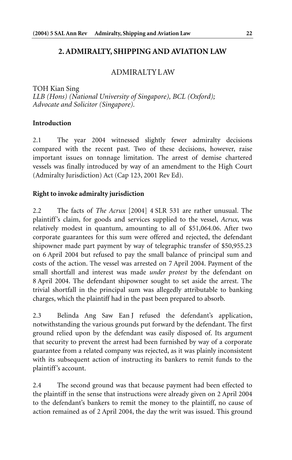 Admiralty, Shipping and Aviation Law 22