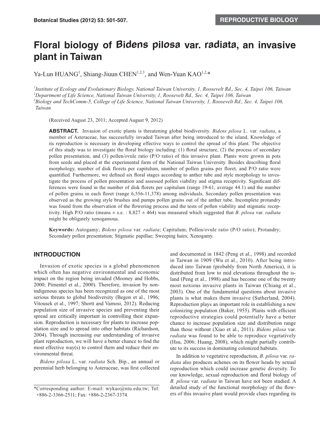 Floral Biology of Bidens Pilosa Var. Radiata, an Invasive Plant in Taiwan