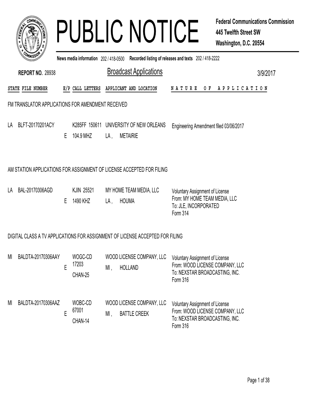 Broadcast Applications 3/9/2017