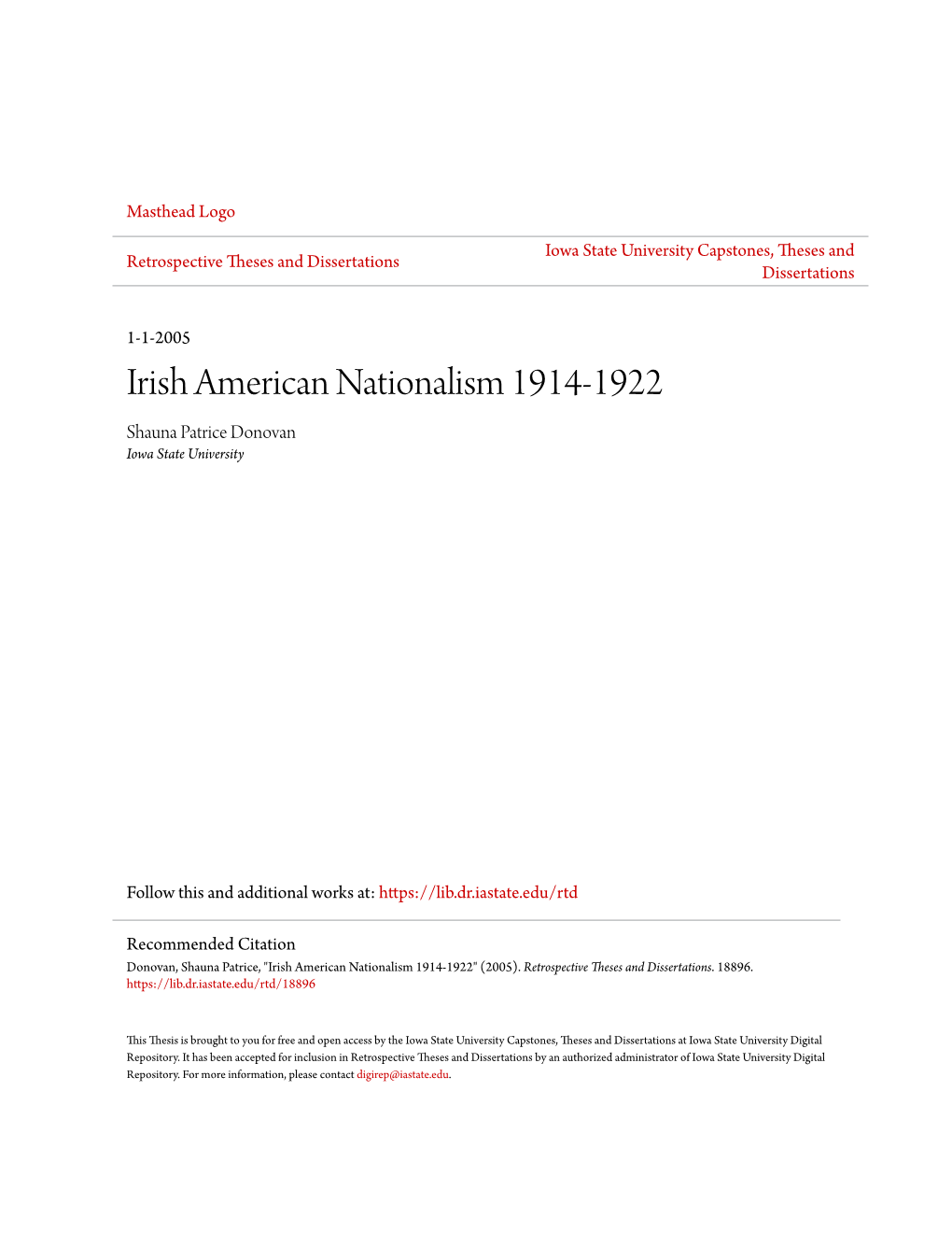 Irish American Nationalism 1914-1922 Shauna Patrice Donovan Iowa State University