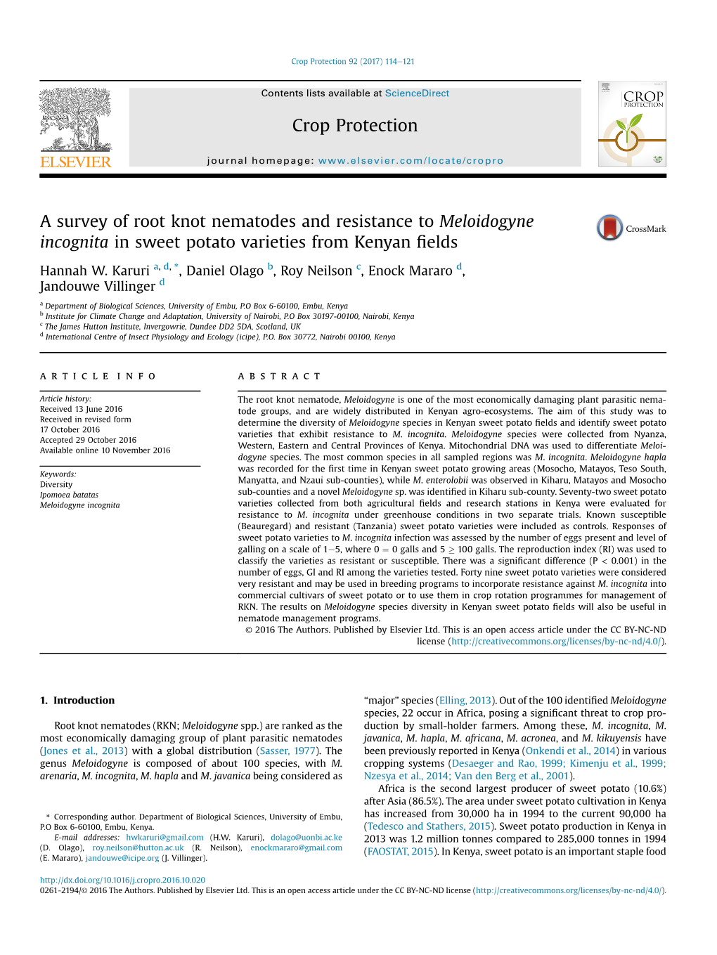 A Survey of Root Knot Nematodes and Resistance to Meloidogyne Incognita in Sweet Potato Varieties from Kenyan ﬁelds