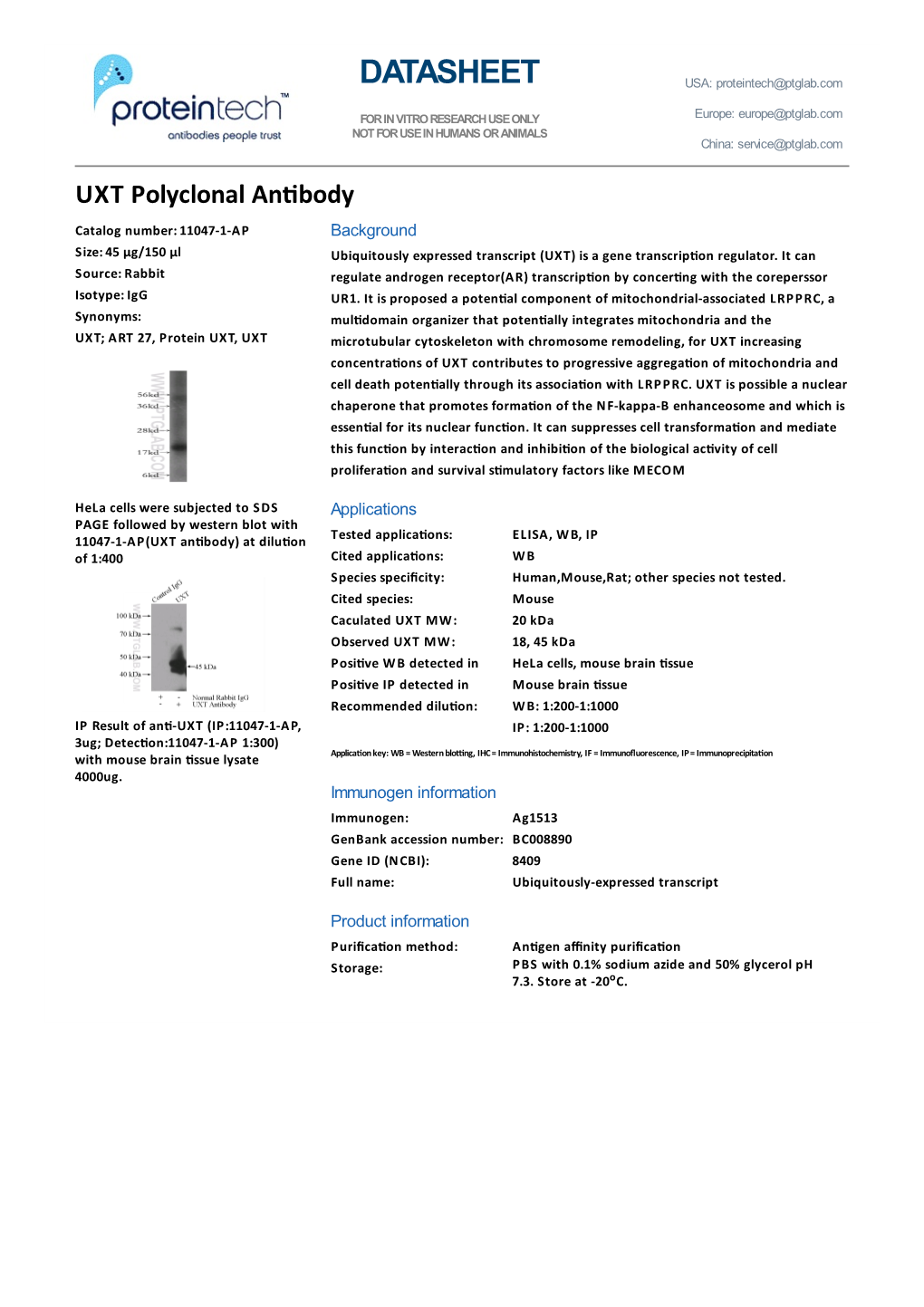 DATASHEET USA: Proteintech@Ptglab.Com