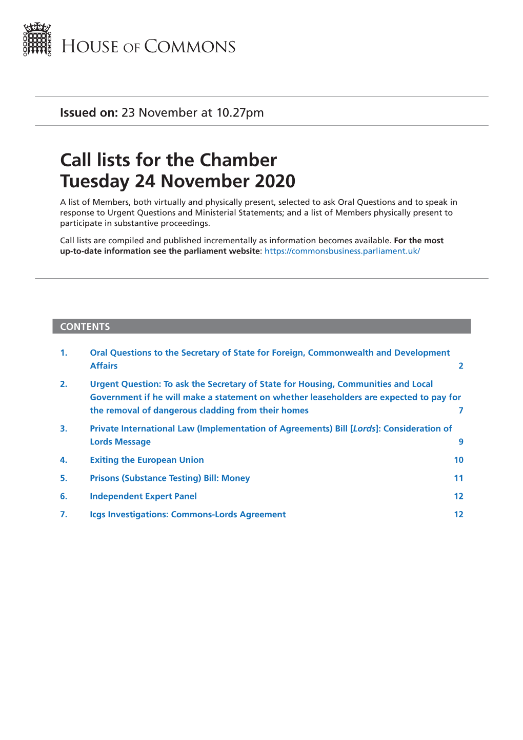 Call Lists for the Chamber Tuesday 24 November 2020