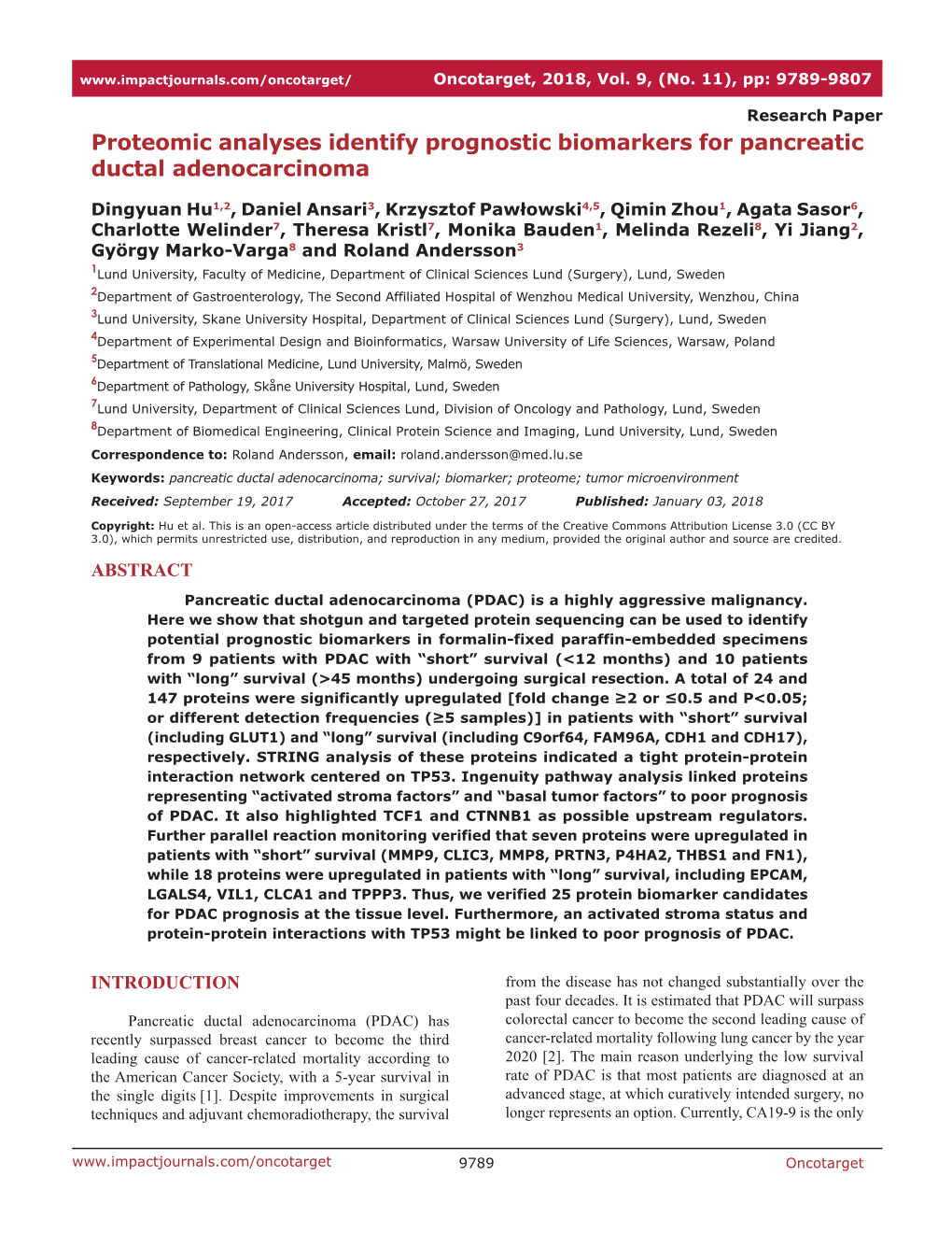 Proteomic Analyses Identify Prognostic Biomarkers for Pancreatic Ductal Adenocarcinoma