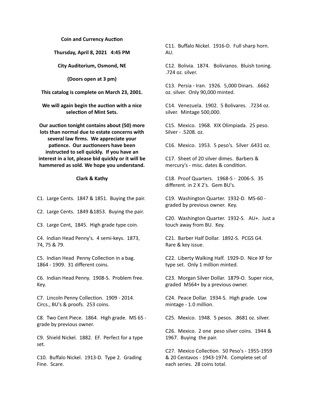 Coin and Currency Auc2on Thursday, April 8