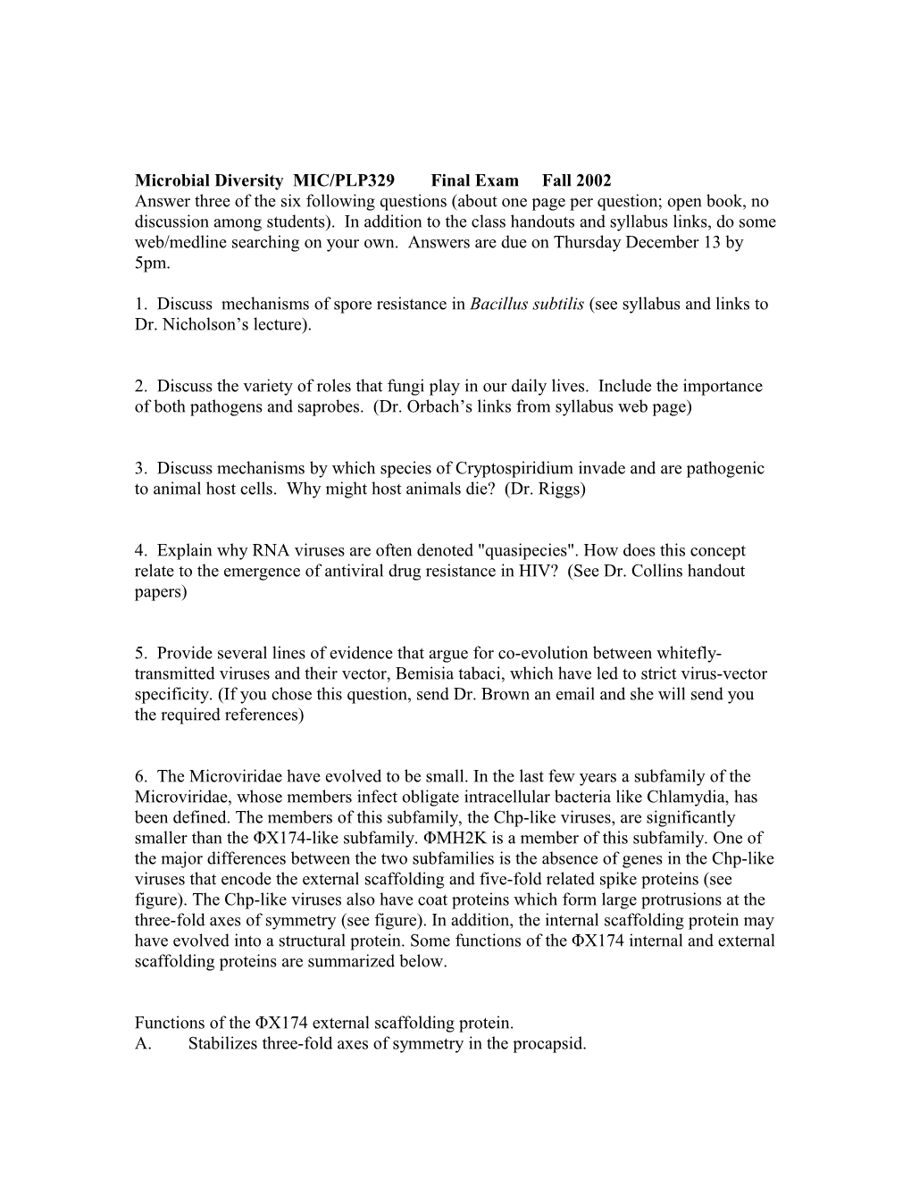 Microbial Diversity MIC/PLP329 Final Exam Fall 2001