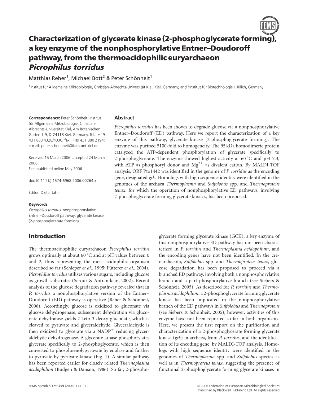 Picrophilus Torridus Matthias Reher1, Michael Bott2 & Peter Schonheit¨ 1