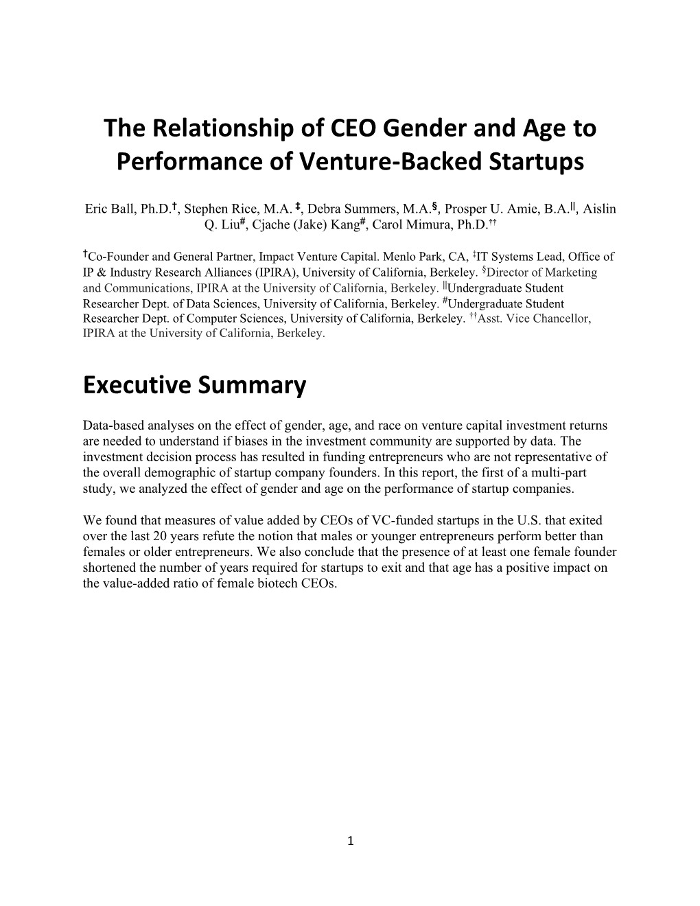 The Relationship of Gender and Age to Performance of Venture Backed