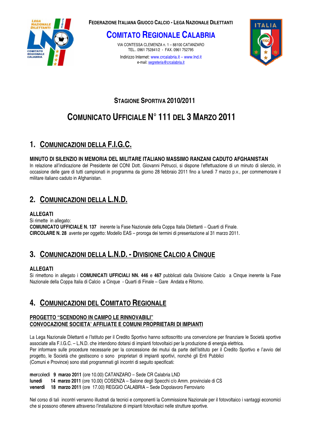 Comunicato Ufficiale N° 111 Del 3Marzo 2011 Comitato