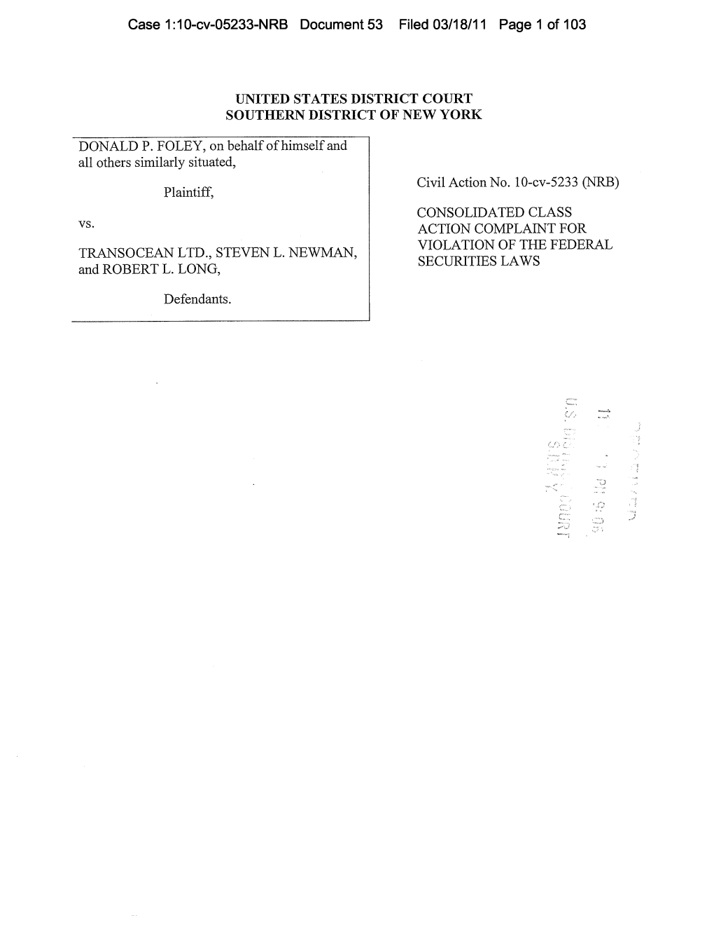 Donald P. Foley, Et Al. V. Transocean Ltd., Et Al. 10-CV-05233