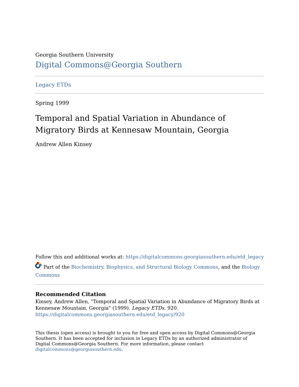 Temporal and Spatial Variation in Abundance of Migratory Birds at Kennesaw Mountain, Georgia