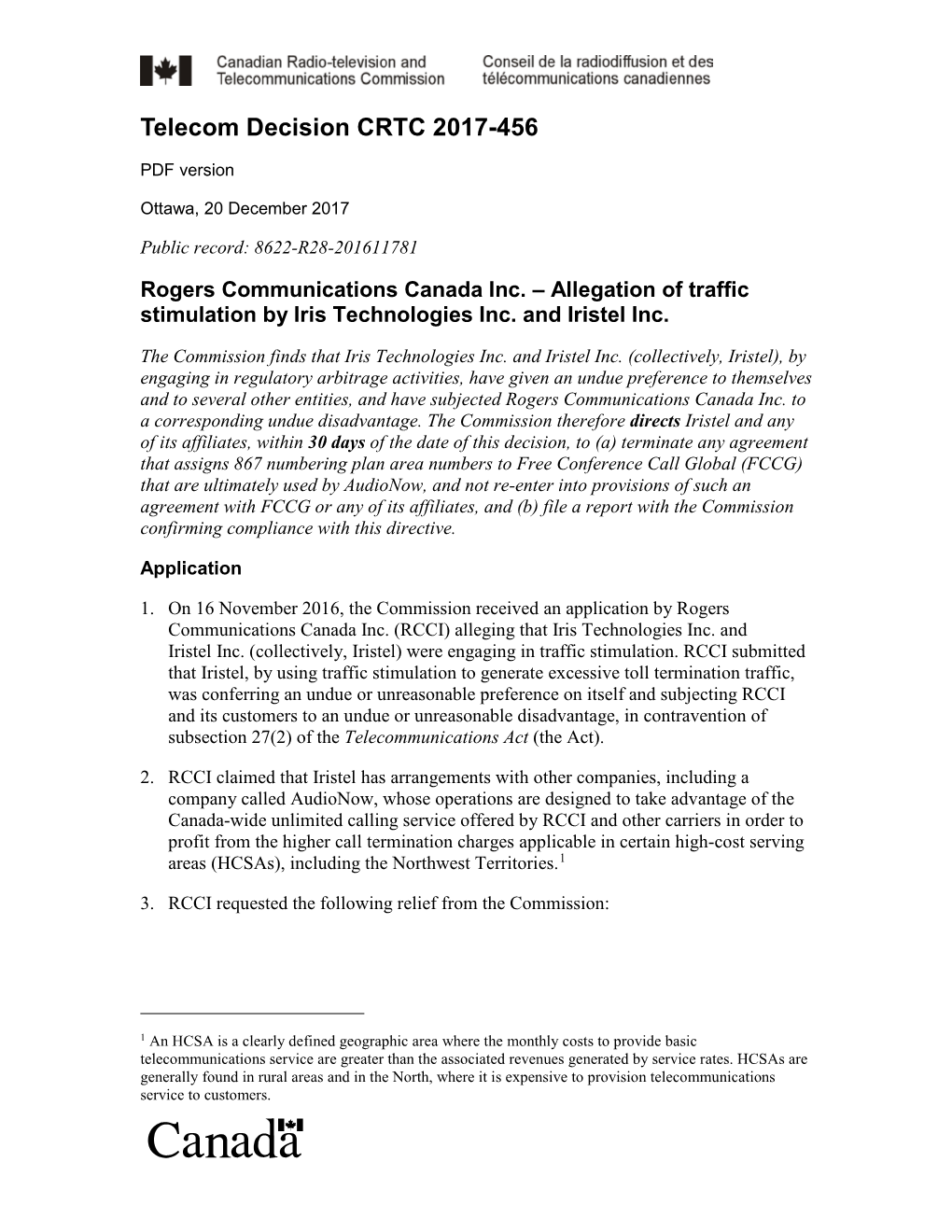 Rogers Communications Canada Inc. – Allegation of Traffic Stimulation by Iris Technologies Inc