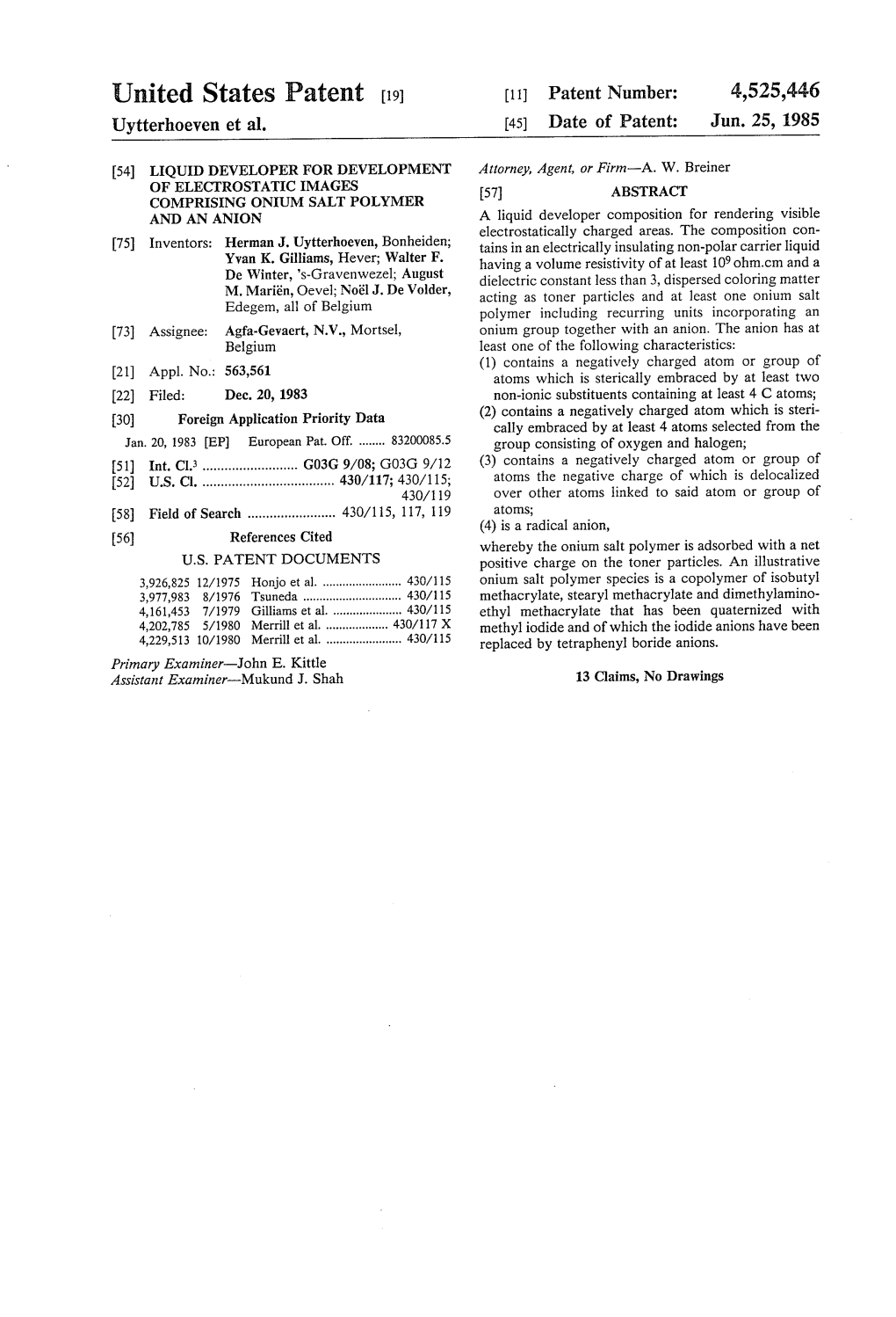 United States Patent (19) (11 Patent Number: 4,525,446 Uytterhoeven Et Al