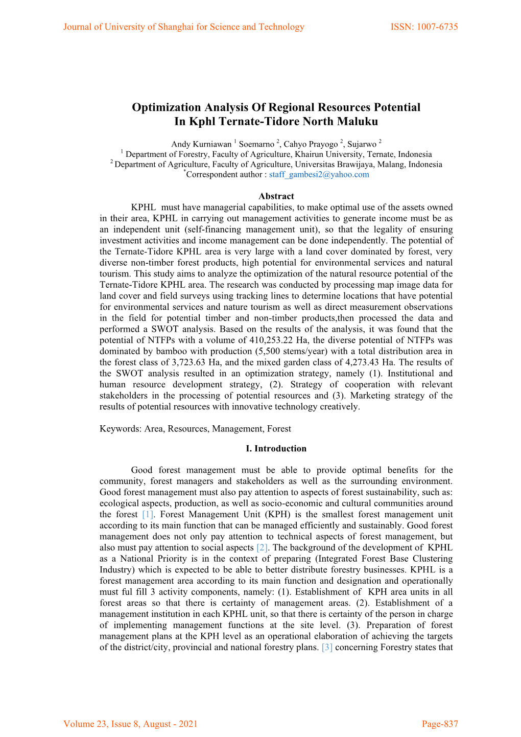 Optimization Analysis of Regional Resources Potential in Kphl Ternate-Tidore North Maluku