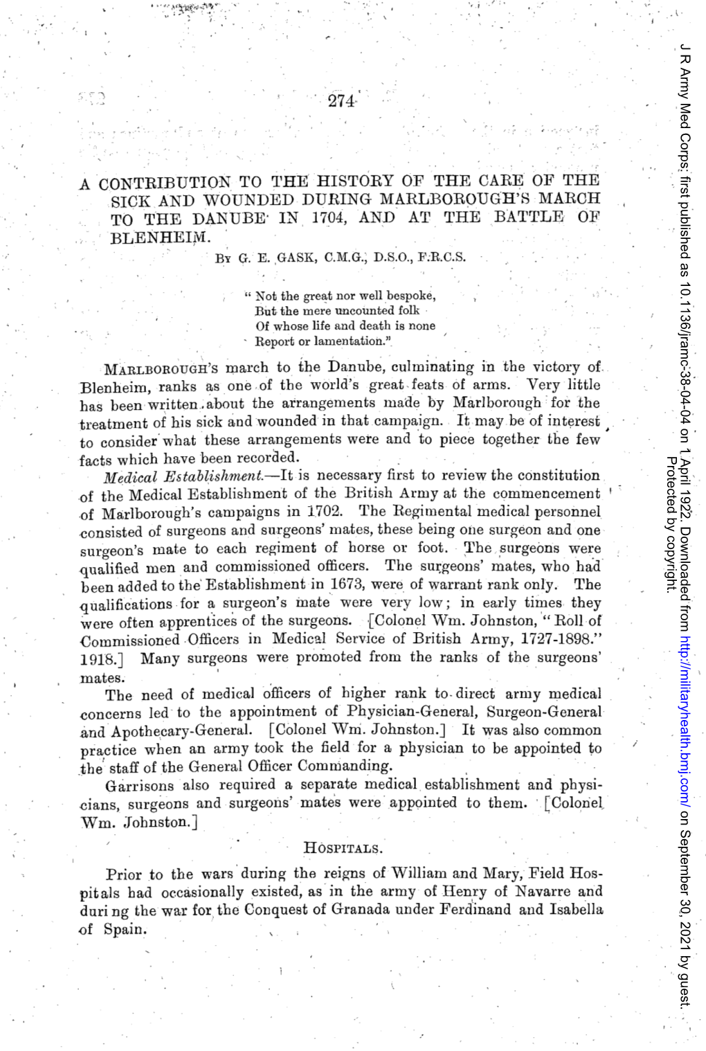 A CONTRIBUTION to 'L'he HISTORY of the CARE of the SICK and WOUNDED DURING MARLBOBOUGH's MAROH to the DANUBE' in 1704, and at the BATTLE of Blenheijvi