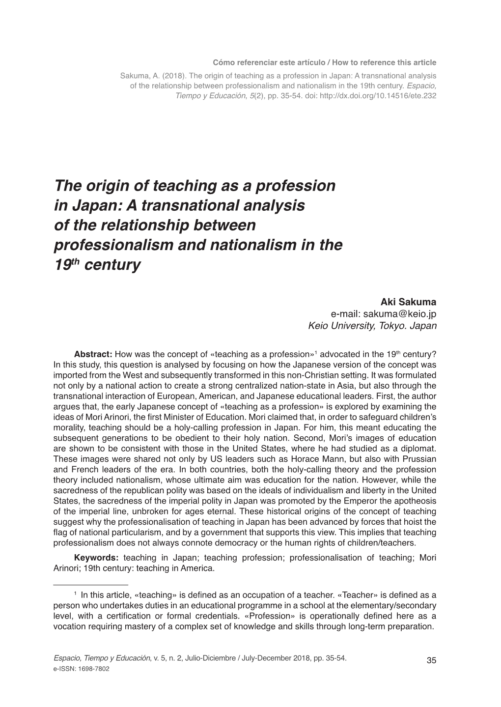 The Origin of Teaching As a Profession in Japan: a Transnational Analysis of the Relationship Between Professionalism and Nationalism in the 19Th Century