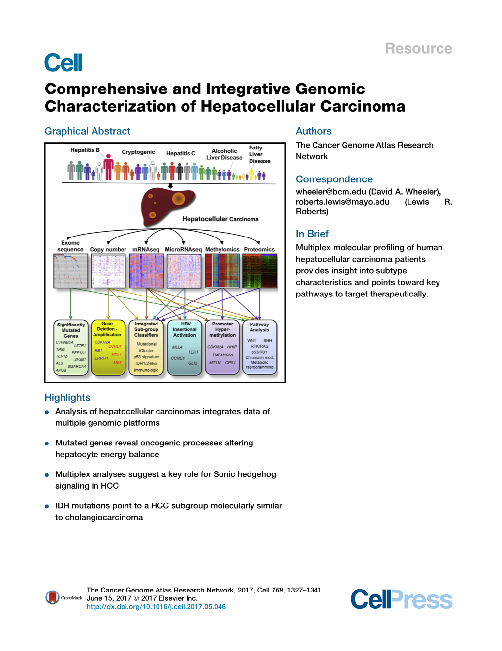 Comprehensive and Integrative Genomic Characterization of Hepatocellular Carcinoma