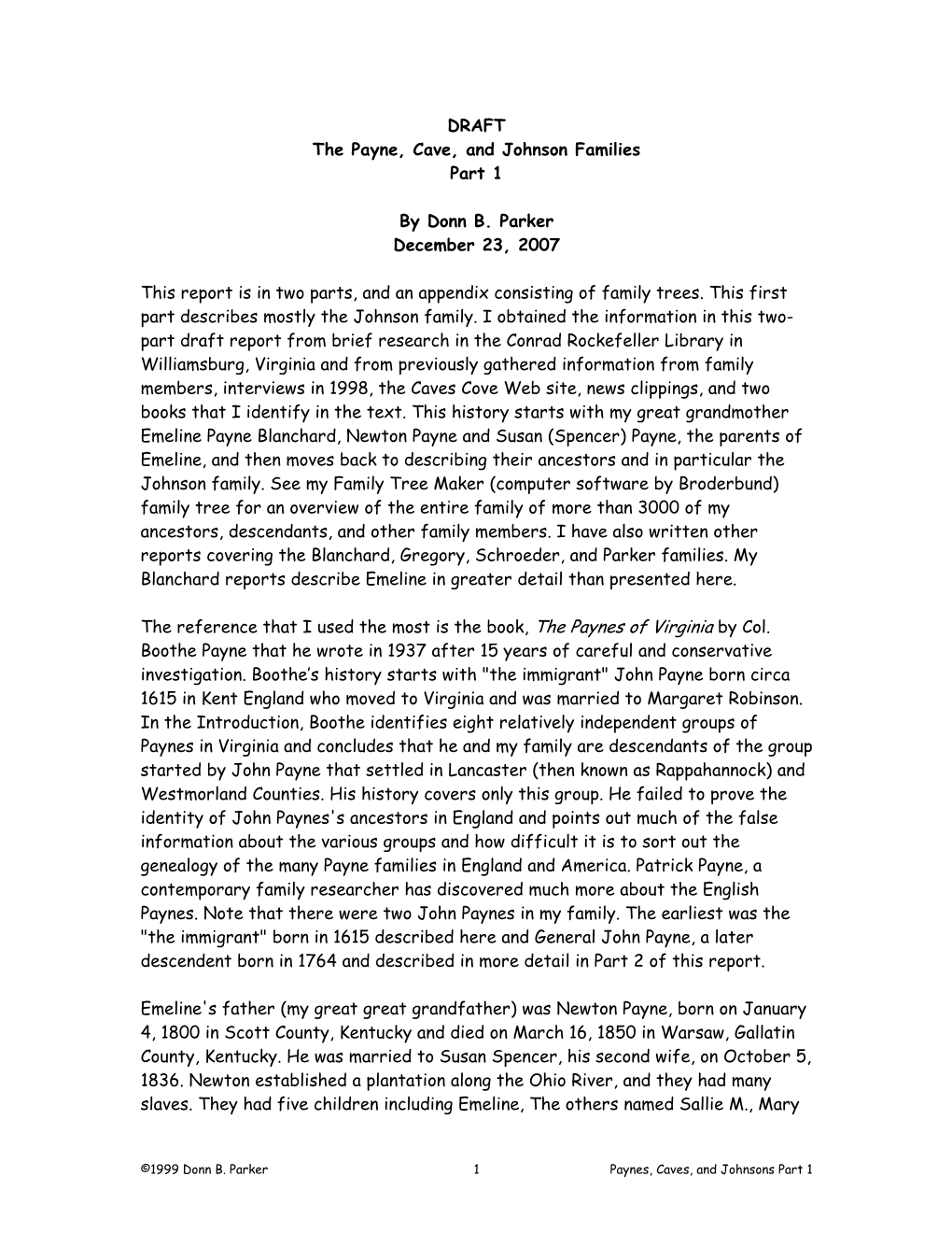DRAFT the Payne, Cave, and Johnson Families Part 1 by Donn B