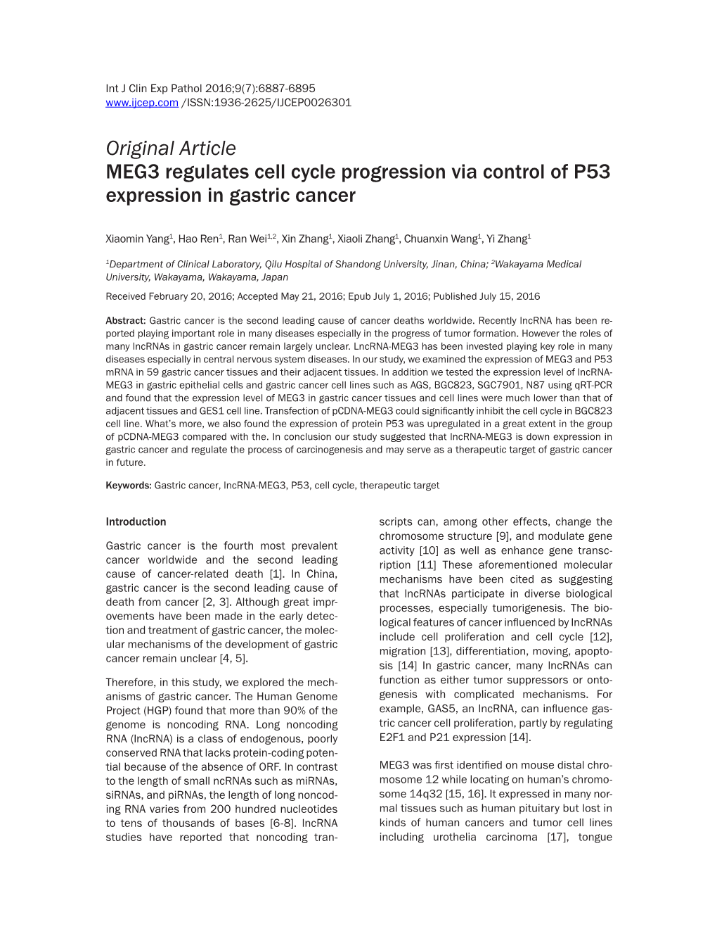 Original Article MEG3 Regulates Cell Cycle Progression Via Control of P53 Expression in Gastric Cancer